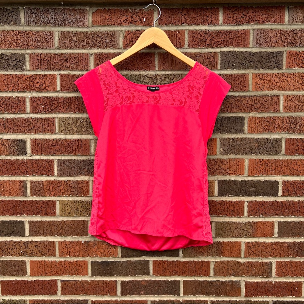 Express Bright Pink Silk Like and Floral Lace Cuffed Short Sleeve Blouse